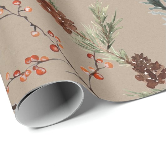 Rustikale Kraft Winter Spruce Pine Cones Red Berri Geschenkpapier (Rolleneckpunkt)