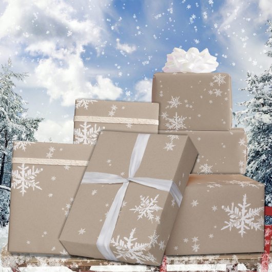 Rustikale Kraft Winter White Falling Snowflakes Ma Geschenkpapier Set