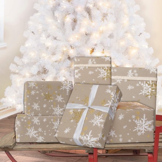 Rustikale Kraft Winter White & Gold Schneeflocken Geschenkpapier