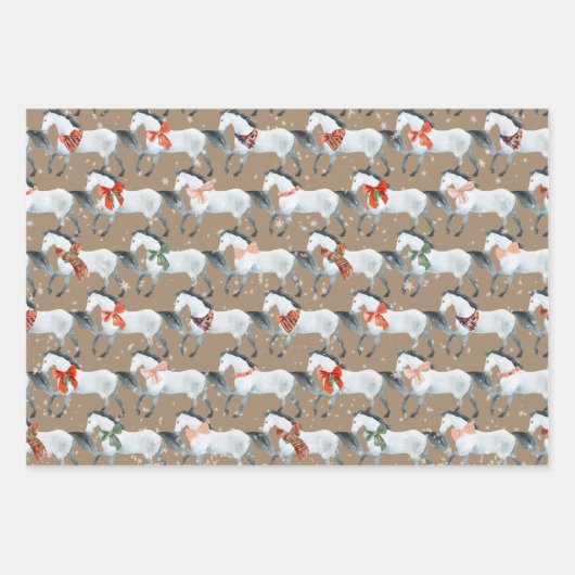 Rustikale Kraft Winter White Holiday Pferde Geschenkpapier Set (Vorderseite 3)