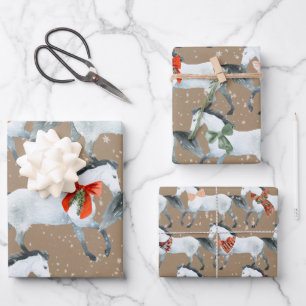 Rustikale Kraft Winter White Holiday Pferde Geschenkpapier Set