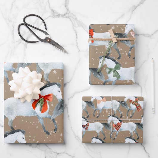 Rustikale Kraft Winter White Holiday Pferde Geschenkpapier Set (Vorderseite)