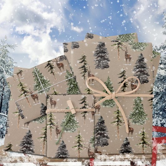 Rustikale Kraft Winter Woodland Snowy Spruce & Sta Geschenkpapier Set