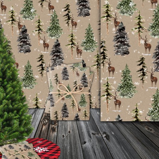 Rustikale Kraft Winter Woodland Snowy Spruce & Sta Geschenkpapier Set