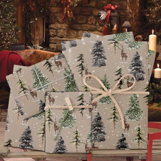 Rustikale Kraft Winter Woodland Snowy Spruce & Sta Geschenkpapier Set