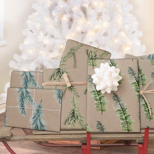 Rustikale Kraft Winter Woodland Spruce Tree Branch Geschenkpapier Set