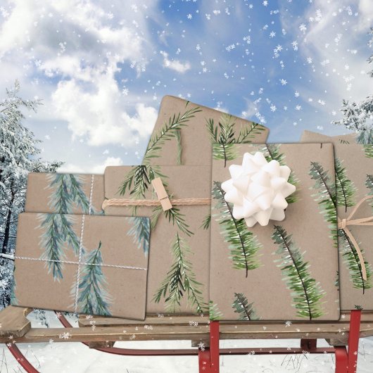 Rustikale Kraft Winter Woodland Spruce Tree Branch Geschenkpapier Set