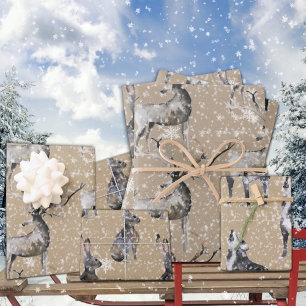 Rustikale Kraft Winter Woodland Wolf Stag & Hare Geschenkpapier Set