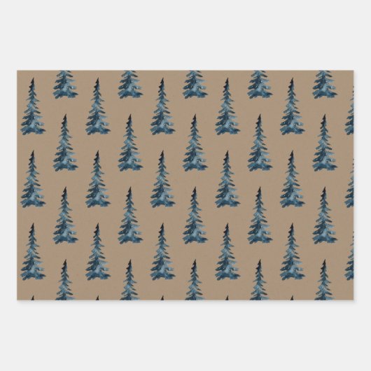 Rustikale Kraft Winterwald Blaue Spruce Bäume Geschenkpapier Set (Vorderseite)