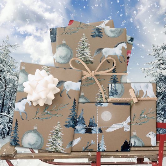 Rustikale Kraft Winterwald Weißer Hornfox & Owl Geschenkpapier Set