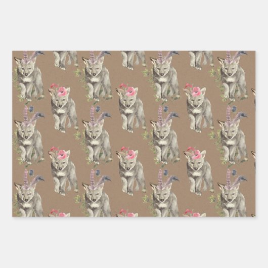 Rustikale Kraft Woodland Baby Animes Fox Bear Wolf Geschenkpapier Set (Vorderseite 2)
