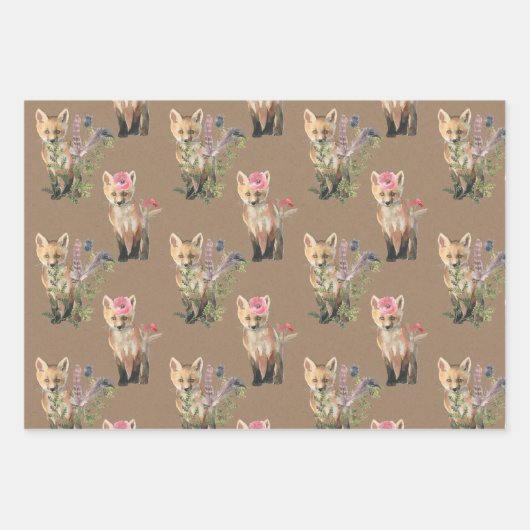 Rustikale Kraft Woodland Baby Animes Fox Bear Wolf Geschenkpapier Set (Vorderseite)