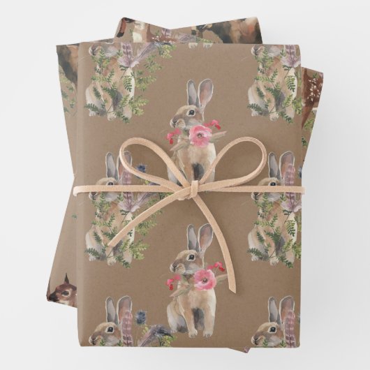 Rustikale Kraft Woodland Baby Hare Deer Moose Anim Geschenkpapier Set (Beispiel)