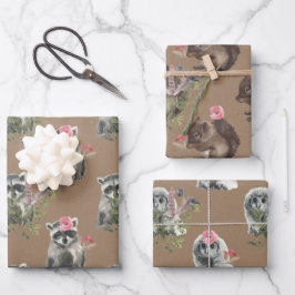 Rustikale Kraft Woodland Baby Racoon Eichhörnchen Geschenkpapier Set