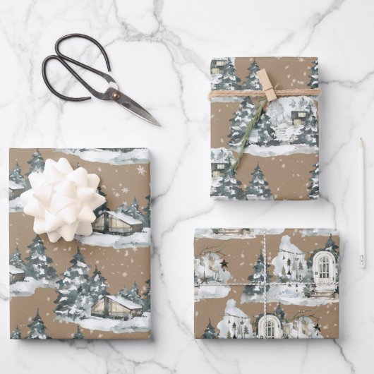 Rustikale Kraft Woodland Winter Chalet House Szene Geschenkpapier Set (Vorderseite)