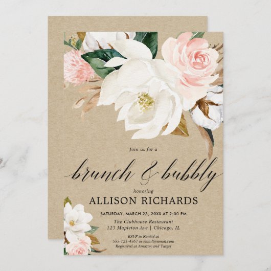 Rustikale Kraftblüte, rosa Magnolienbrunch-Blase Einladung (Vorne/Hinten)