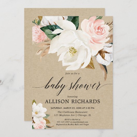 Rustikale Kraftdusche Rosa Magnolienmädchen Babydu Einladung (Vorne/Hinten)