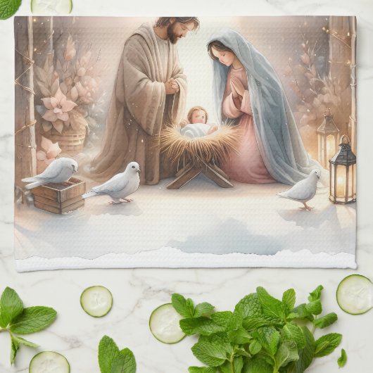 Rustikale Krippe mit Winter Florals Geschirrtuch (Gefaltet)