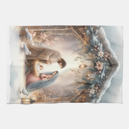 Rustikale Krippe mit Winter Florals Geschirrtuch (Horizontal)