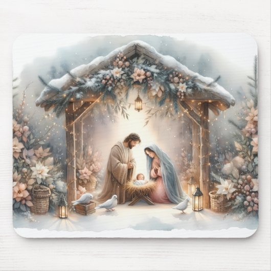 Rustikale Krippe mit Winter Florals Mousepad (Vorne)