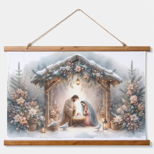 Rustikale Krippe mit Winter Florals Wandteppich Mit Holzrahmen (Vorne)