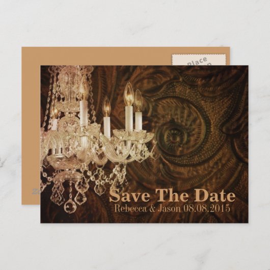 rustikale Kronleuchter Hochzeit speichern das Datu Ankündigungspostkarte (Vorne/Hinten)