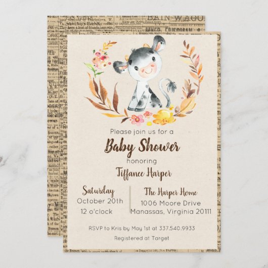 Rustikale Kuh Baby Dusche Einladung (Vorne/Hinten)