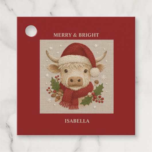 Rustikale Kuh mit Weihnachtsmannmütze Geschenkanhänger (Vorderseite)