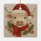 Rustikale Kuh mit Weihnachtsmannmütze Keramikornament (Rückseite)