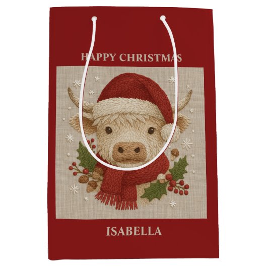 Rustikale Kuh mit Weihnachtsmannmütze Mittlere Geschenktüte (Vorderseite)