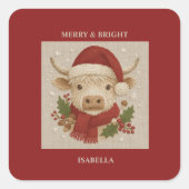 Rustikale Kuh mit Weihnachtsmannmütze Quadratischer Aufkleber (Vorderseite)