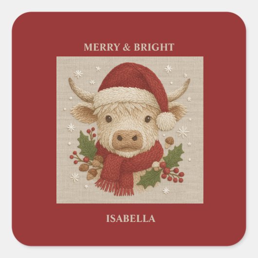 Rustikale Kuh mit Weihnachtsmannmütze Quadratischer Aufkleber (Vorderseite)