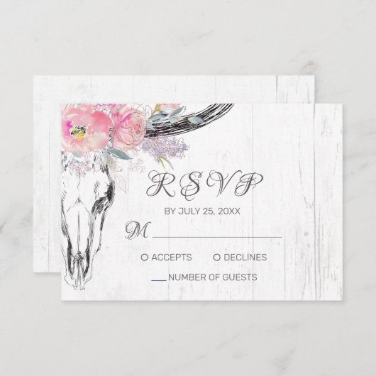 Rustikale Kuh Skull Boho Bloral Rosa Aquarell RSVP Karte (Vorne/Hinten)