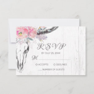 Rustikale Kuh Skull Boho Bloral Rosa Aquarell RSVP Karte