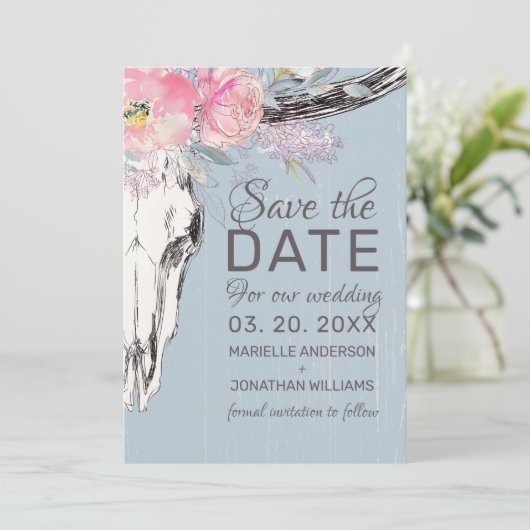 Rustikale Kuh Skull Boho Bloral Rosa Aquarell Save The Date (Stehend Vorderseite)