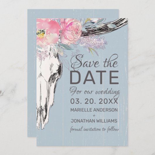 Rustikale Kuh Skull Boho Bloral Rosa Aquarell Save The Date (Vorne/Hinten)
