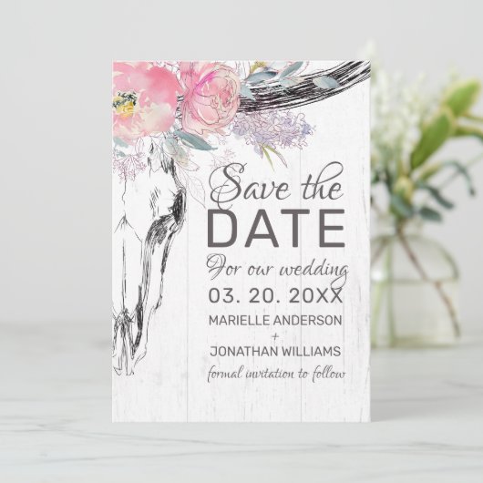 Rustikale Kuh Skull Boho Bloral Rosa Aquarell Save The Date (Stehend Vorderseite)