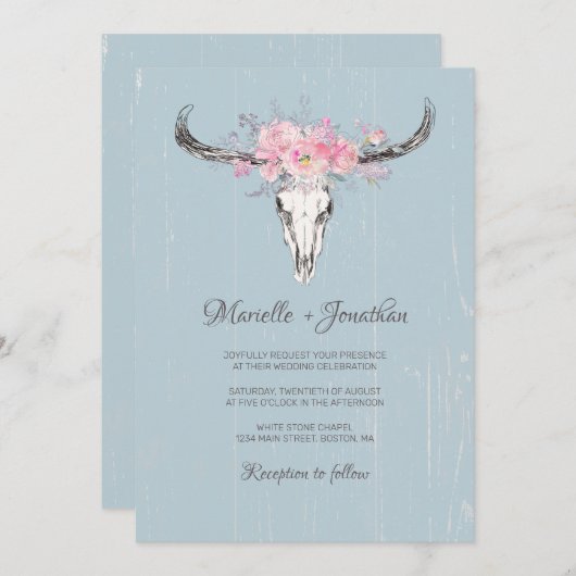 Rustikale Kuh Skull Boho Blush Floral Wasserfarbe Einladung (Vorne/Hinten)