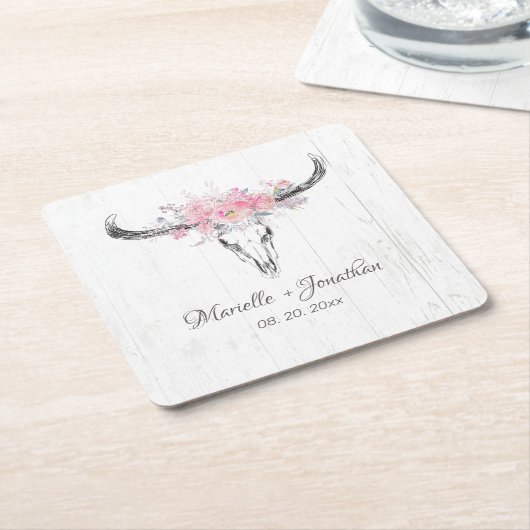 Rustikale Kuh Skull Boho Blush Pink Aquarell Blüte Rechteckiger Pappuntersetzer (angewinkelt)