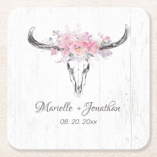 Rustikale Kuh Skull Boho Blush Pink Aquarell Blüte Rechteckiger Pappuntersetzer (Vorderseite)