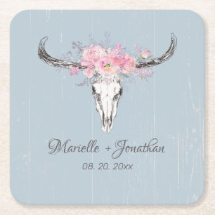 Rustikale Kuh Skull Boho Blush Pink Aquarell Blüte Rechteckiger Pappuntersetzer