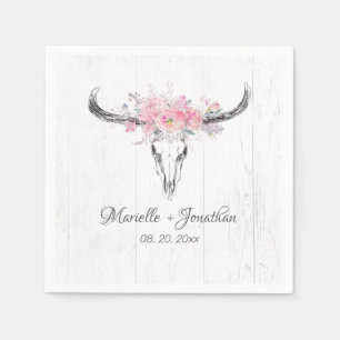 Rustikale Kuh Skull Boho Blush Pink Aquarell Blüte Serviette