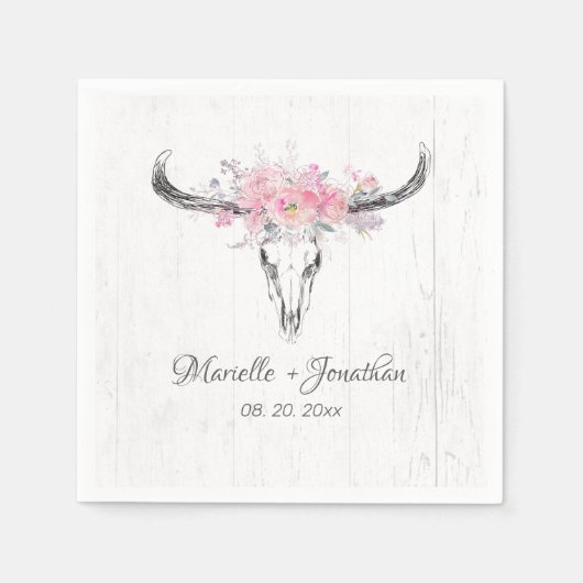 Rustikale Kuh Skull Boho Blush Pink Aquarell Blüte Serviette (Vorderseite)
