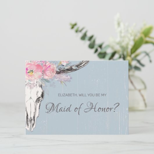Rustikale Kuh Skull Boho Blush Trauzeugin Einladung (Stehend Vorderseite)