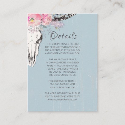 Rustikale Kuh Skull Boho Blush Wasserfarbe Blau Begleitkarte (Vorderseite)