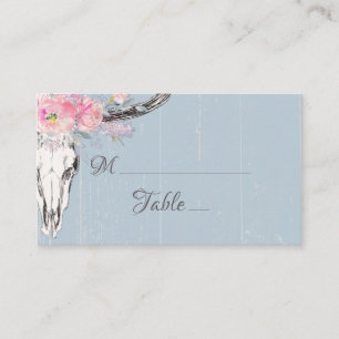 Rustikale Kuh Skull Boho Blush Wasserfarbe Blau Platzkarte