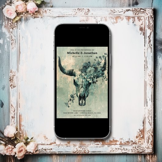 Rustikale Kuh Skull Floral Boho Western Hochzeit Einladung