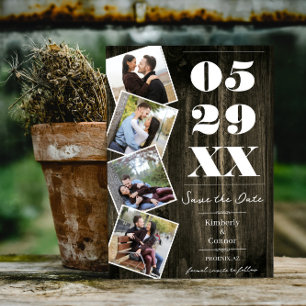Rustikale, kühne Vier-Foto-Save-the-Date-Karte N Save The Date