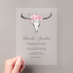Rustikale Kuhschädel-Boho-Florale-Aquarell-Hochzei Acryleinladungen