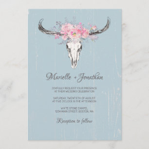 Rustikale Kuhschädel Boho Rosa Floral Aquarell Bla Einladung
